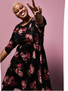 Betsy Johnson Black Floral Mini Dress with Pink & Red Roses